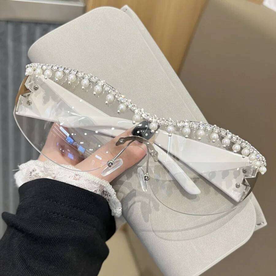 1Pc Women's Fashion Glasses New Luxury Large Frame One-Piece Y2K Personality Pearl-Inlaid Trendy Gift Black Friday Daily 26Y0626 - view 3
