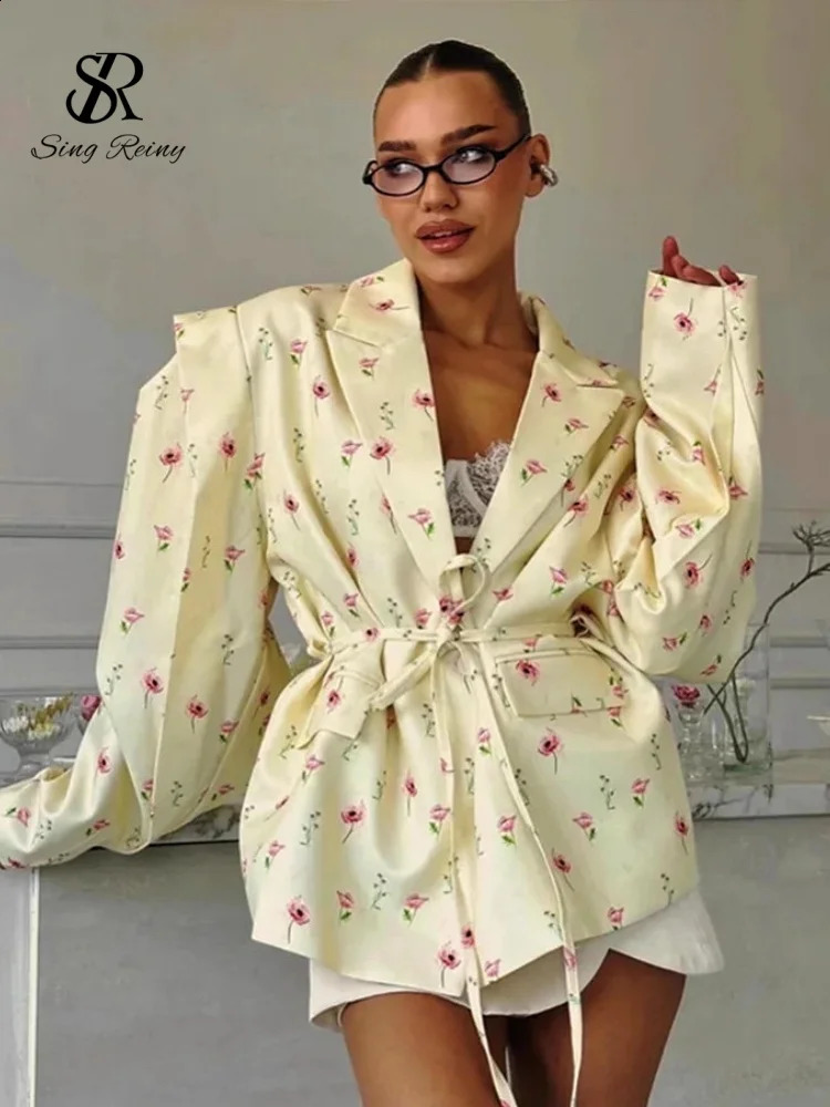 SINGREINY Chic Oversize Floral Printed Jacket Women Padded Lapel Lace Up Loose Outwears Autumn Long Sleeves OL Casual Blazer 260625 - view 5