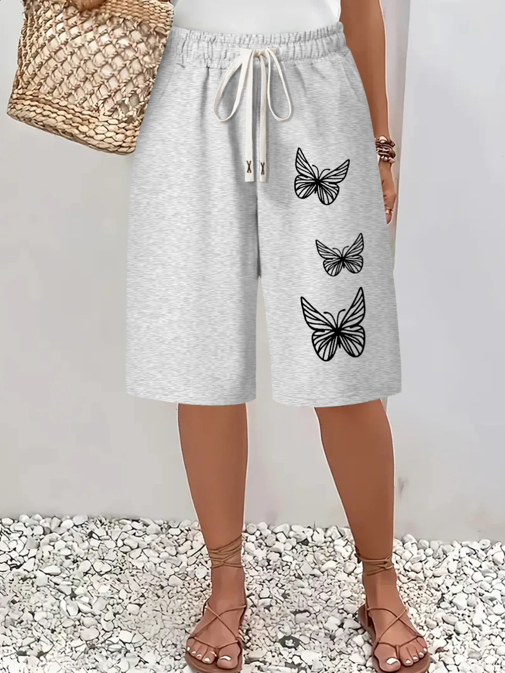 Butterfly Printed Casual Shorts Elegant for Women Double Pocket n Loose Fit Knee Length Suitable Daily 260626 - view 3