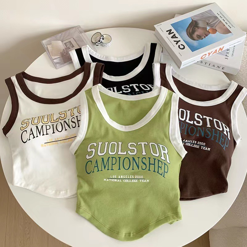 Color blocking printed letter wide shoulder vest, built-in chest cushion, anti exposure underwear, casual sports top, sleeveless top, sexy suspender - view 1
