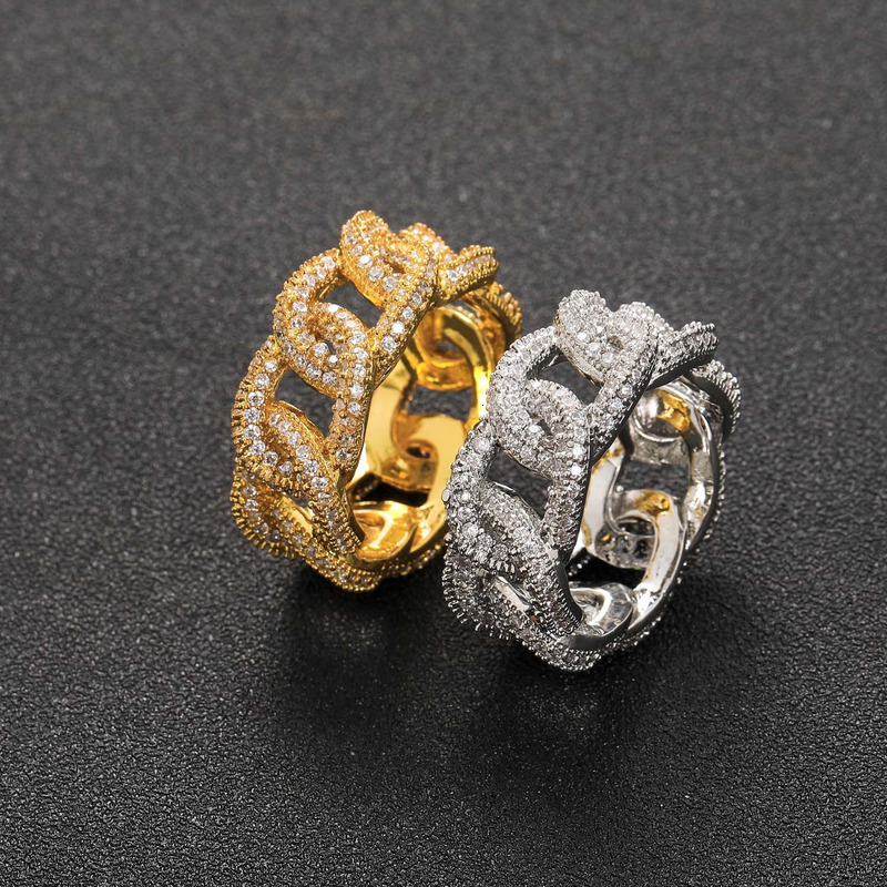 Ring Fashionable Hip Hop Style Ring, Cuban Chain Hollowed Out Diamond Inlaid Ring Retro Thick Chain Hollowed Out Street Style Finger Decoration Luxury