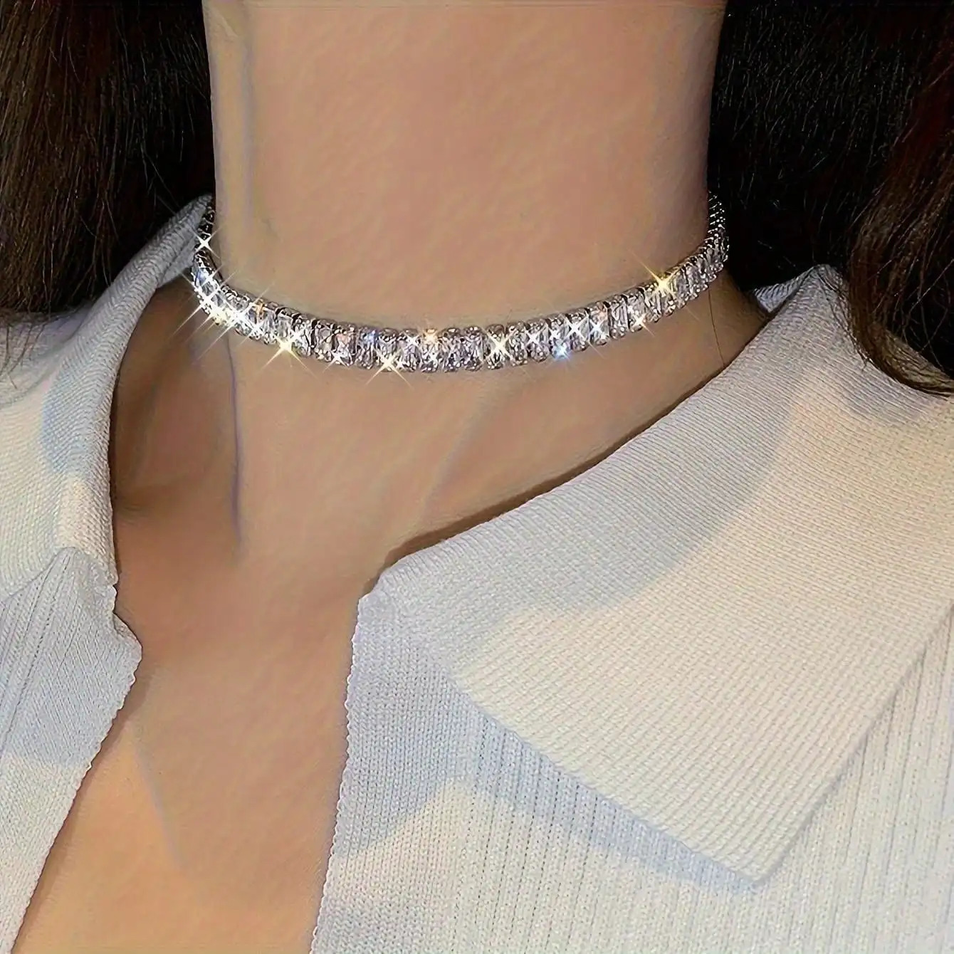 Sparkling Baguette-Cut Crystal Choker Necklace for Women Elegant Short Chain Jewelry 260624 - view 3