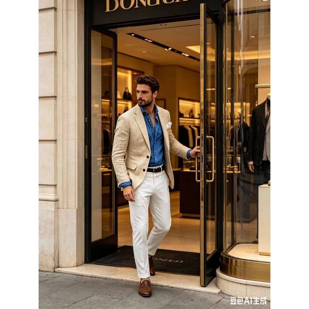 Beige/Blue Linen Men Two Buttons Jackets Business Casual Suit One Coat New Spring Summer Formal Wear Slim Fit Blazer 26L0626 - view 5