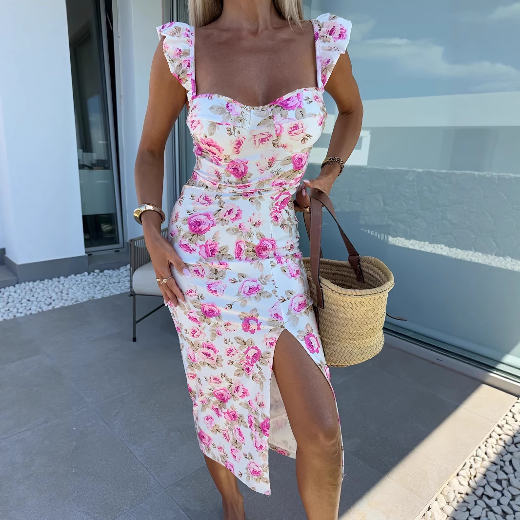 Womens Split Midi Dress Womens French Floral Thin Strap Elegant Design Slim Fit Mid Length Gown For Women Daily Wedding Banquet Dating Outfits - view 4
