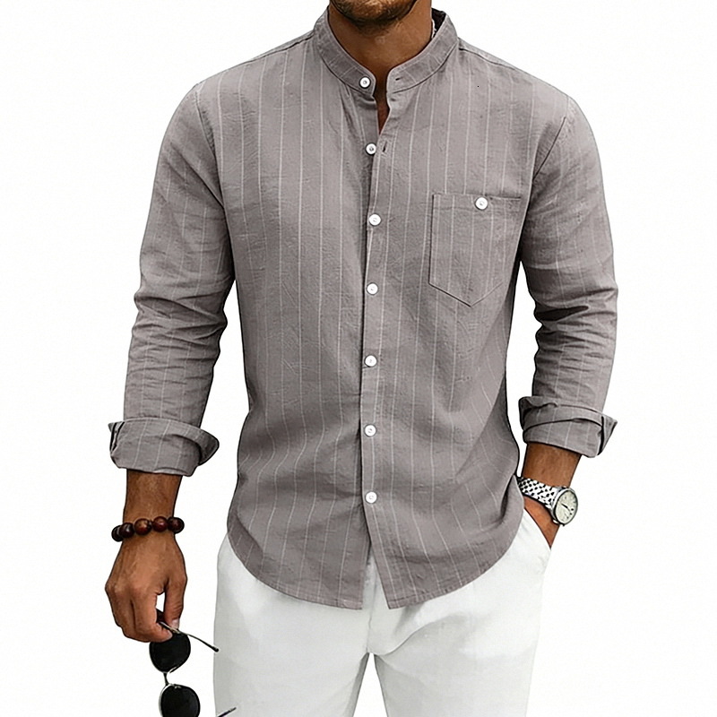 Mens Linen Stand Collar Striped Shirt Spring and Autumn Casual Commuting Trendy Slim Fit Long Sleeve Shirt - view 9