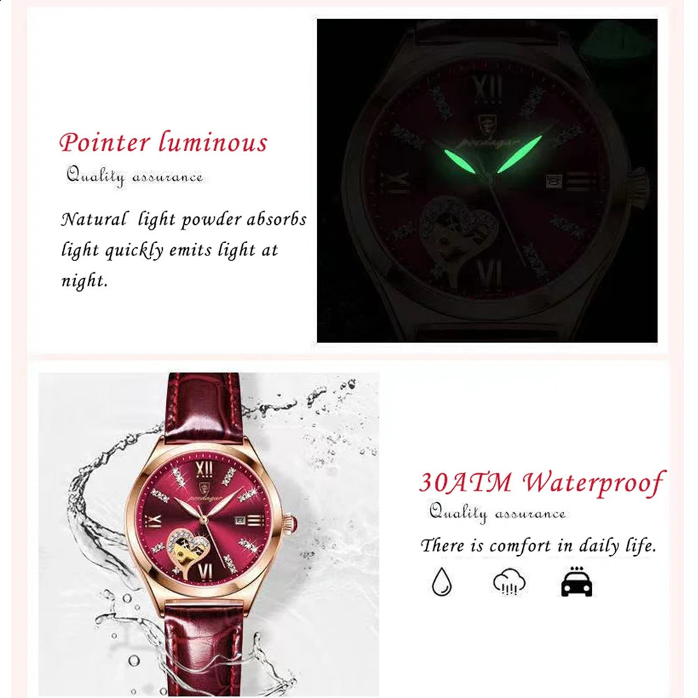 POEDAGAR Watch Women Diamond Waterproof Luminous Ladies Leather Watches Fashion Hollow Top y Rose Gold Quartz Wristwatch 260624 - view 3