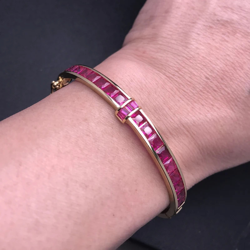Elegant Ruby Bangle Created Red Corundum Gemstone Bracelet Yellow Gold for Women Lady Party Birthday Trendy Jewelry Gift 260626 - view 6