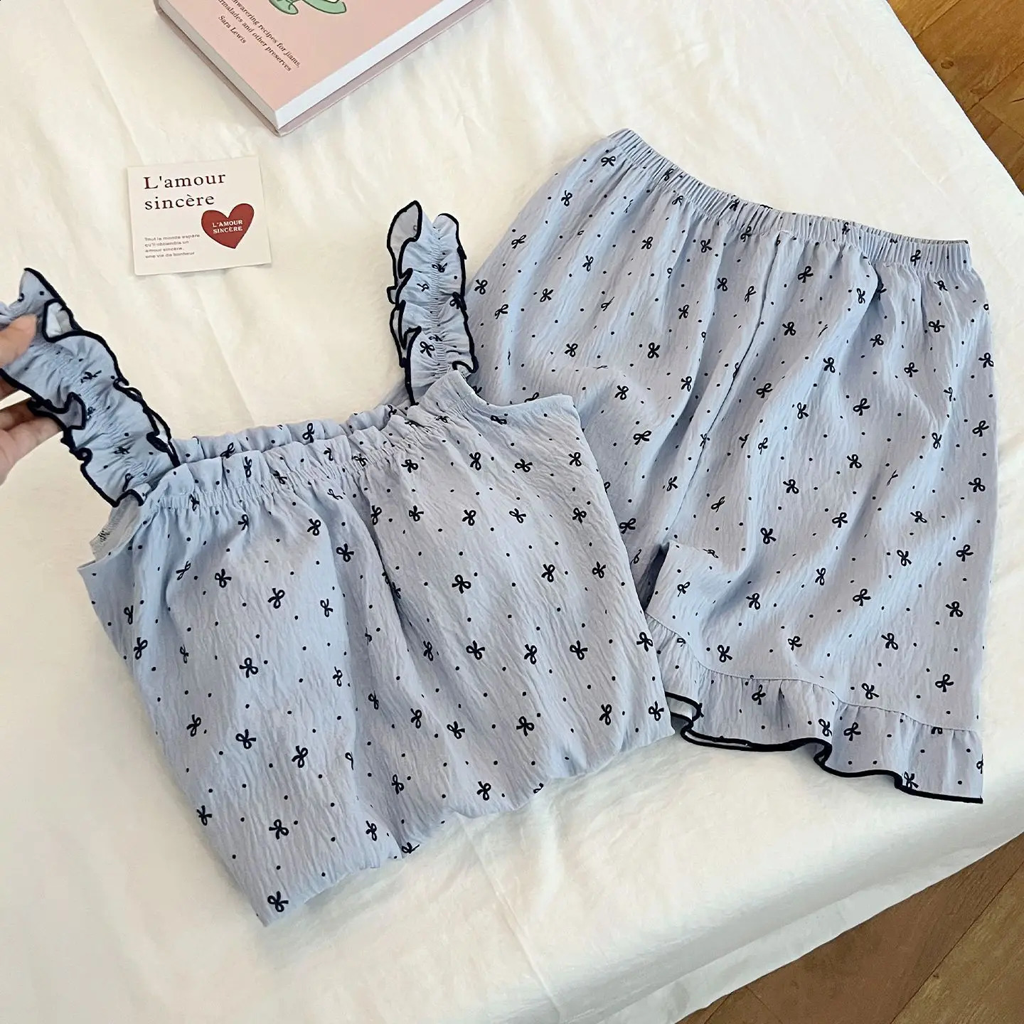 Summer Sweet Polka Dot Bow Strapless Shorts Pajamas for Women with Padded Cups Cute and Casual Set Teen Girls 260625 - view 6