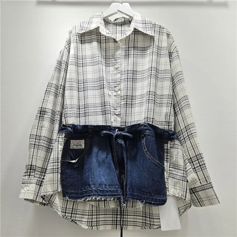 SuperAen Spring 2026 Korean-style ned Denim Patchwork Long-sleeved Shirt Single Breasted Loose Casual Tops 260626 - view 1