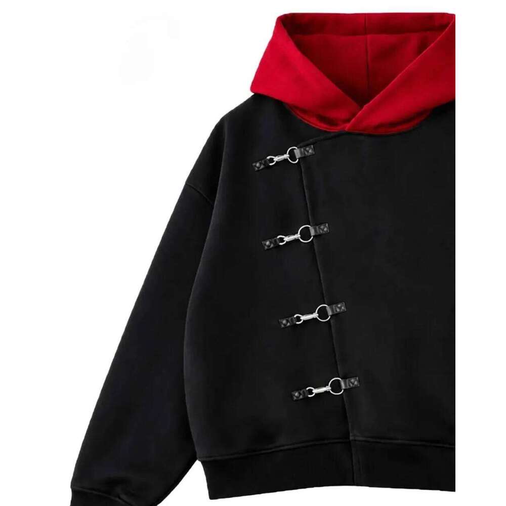 Y2K retro hoodie oversized black and red stitching metal buttons casual sweatshirt fashion hip-hop streetwear simple jacket W260626 - view 5