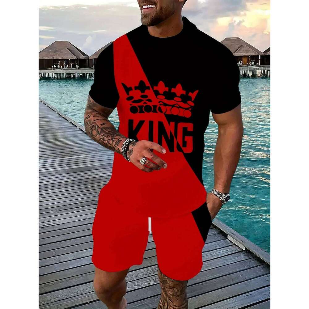 New Summer Men's Street King Print T-Shirt Two-Piece 3D Printed Casual Wear Loose-Fit Crew Neck Beach Sports Set 26Y0626 - view 3