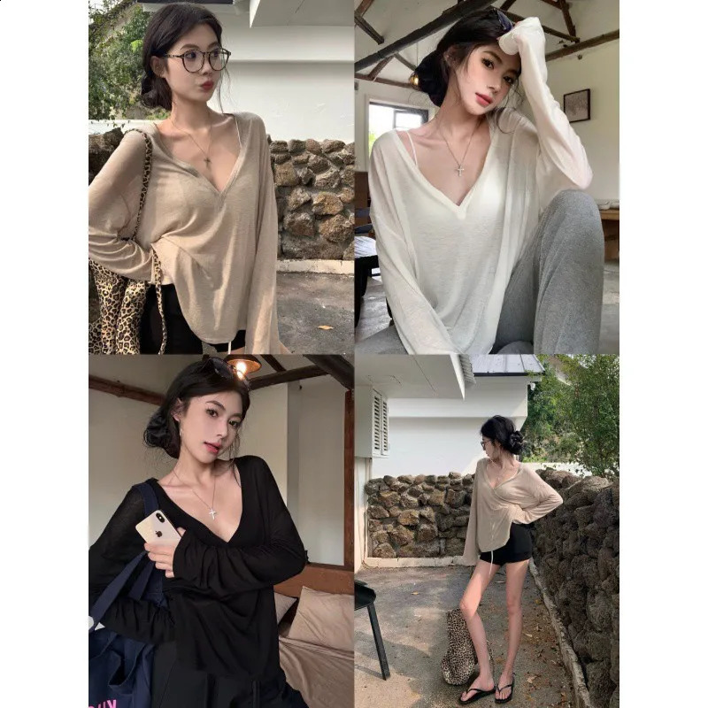Thin Perspective Long Sleeved Tshirt for Womens Summer Loose Casual Korean Base Sun Protection Cover Up Top Women 260625 - view 3