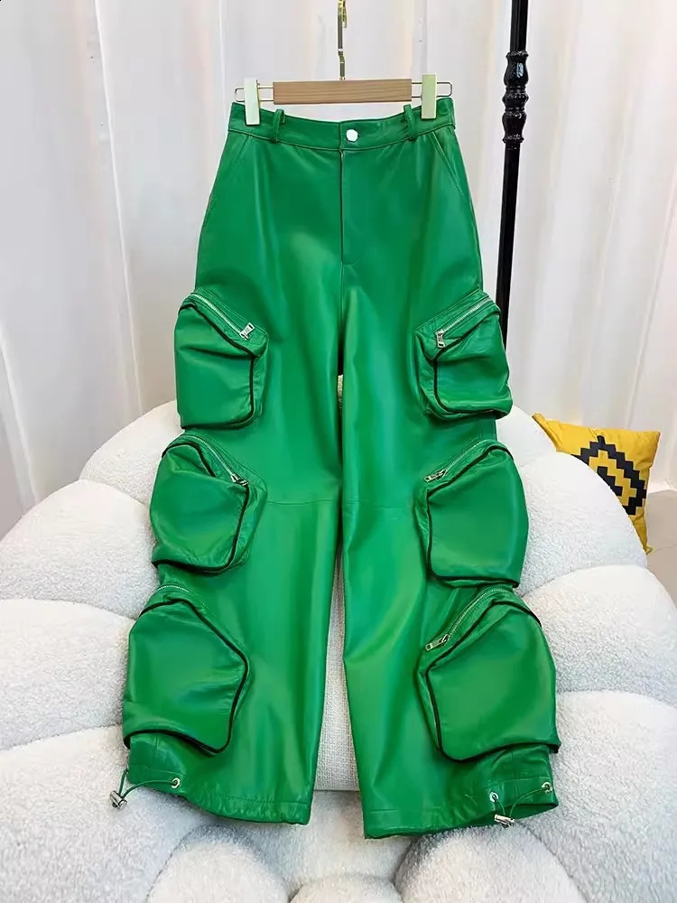 Fashion Women Multi Pocket Sheepskin Genuine Leather Cargo Pants Adjustable Jogger Harem Hop Hip Casual Ankle Length 260625 - view 6