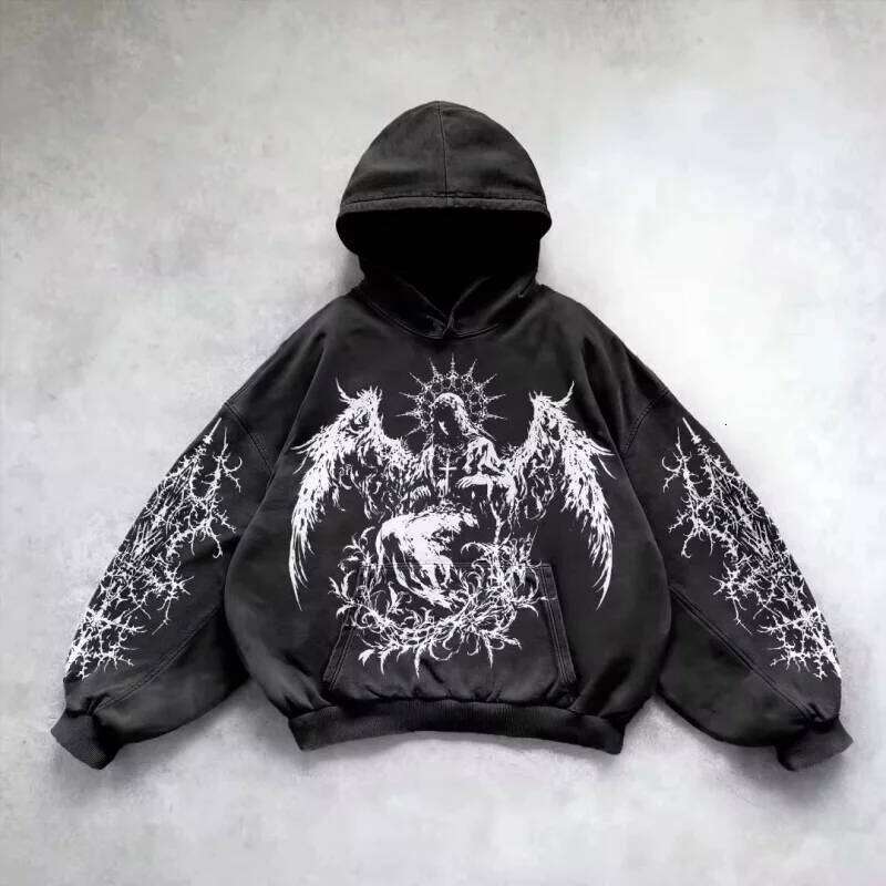 Retro Gothic Graphic Print Hip Hop Hoodie for Men Y2k Grunge Punk Casual Loose Pullover Women Streetwear Sweatshirt Hoodies W260626 - view 7