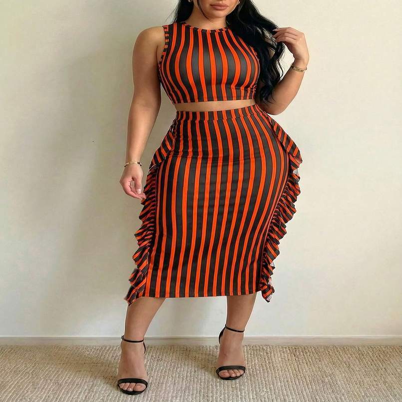 Womens Striped 2 Piece Outfit Casual Sleeveless Top Ruffle Asymmetrical Skirt Set for Daily Vacation Office Wear 260625