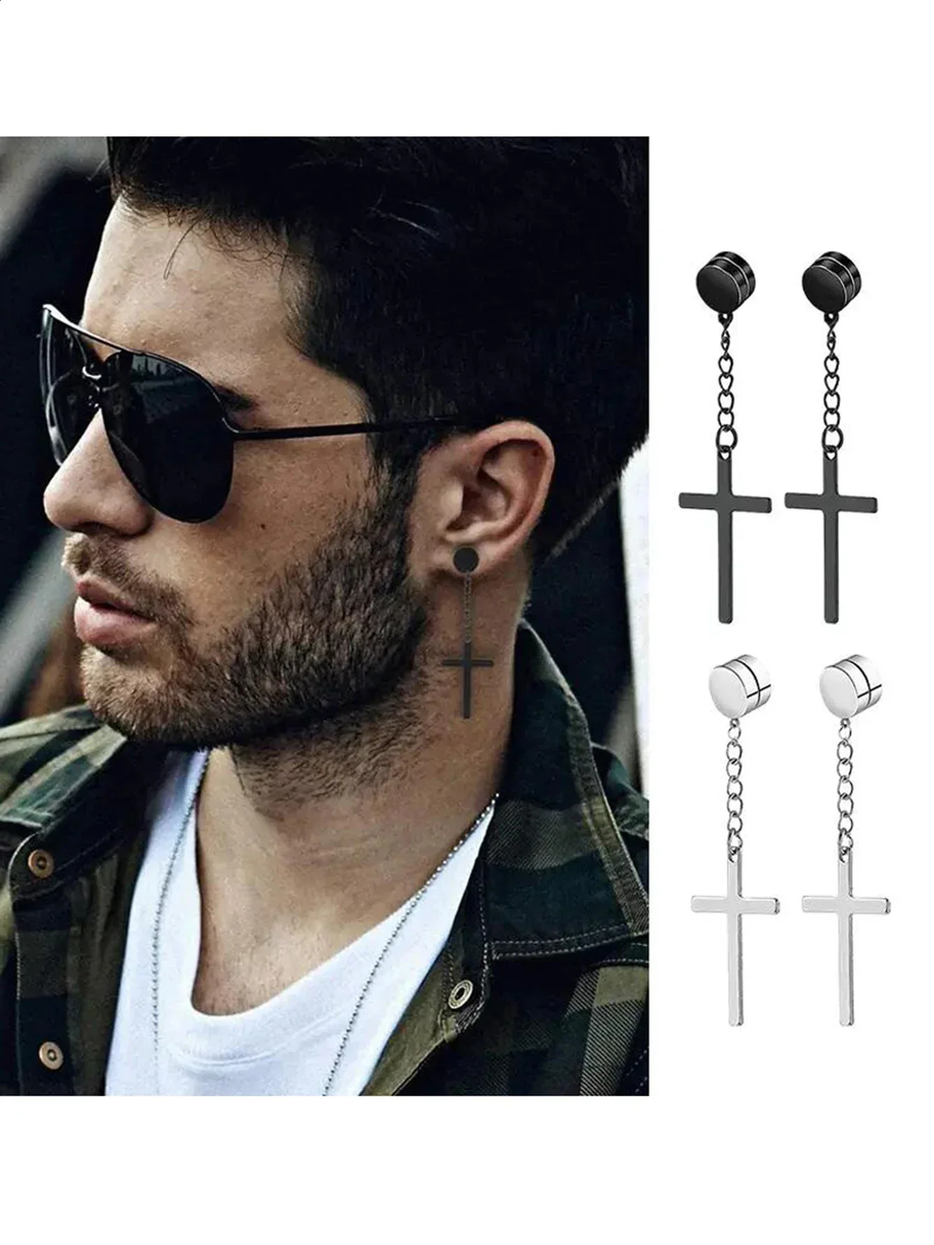 1 Pairs of Mens Fashionable Ear Hole Free Magnet Zircon Stainless Steel False Earring Set Unisex Non Piercing Clip Earrings 260623 - view 3