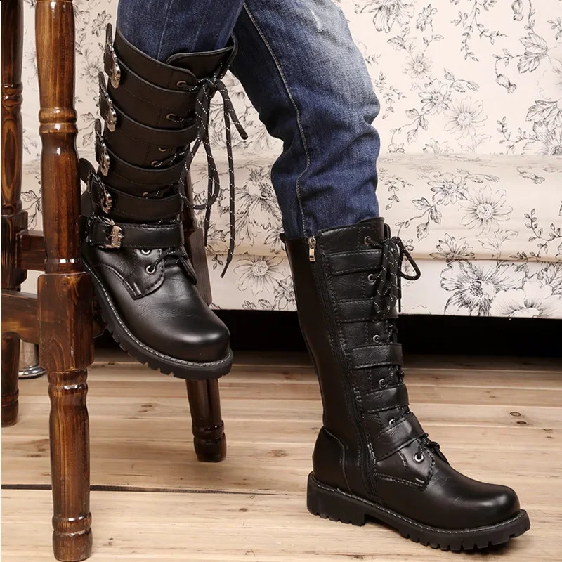 Large Size 37-46 Mens PU Leather Motorcycle Boots Mid-calf Breathable Boots Gothic Belt Punk Boots Men Punk Shoes 260626 - view 7
