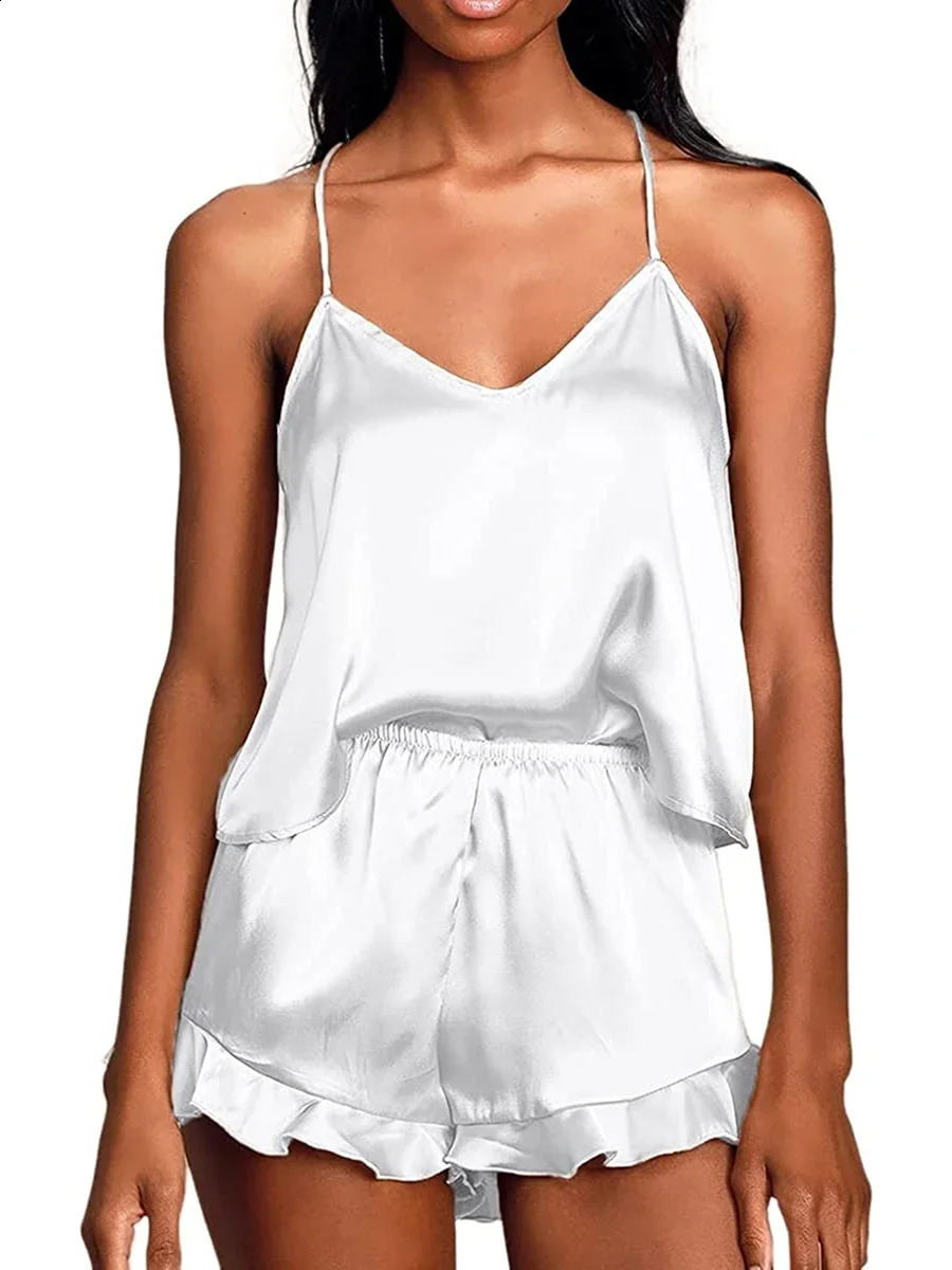 2 Piece Set Nightwear Solid Color Sleeveless Camisole Tops Ruffle Shorts Summer Pajama Set Loungewear 260625