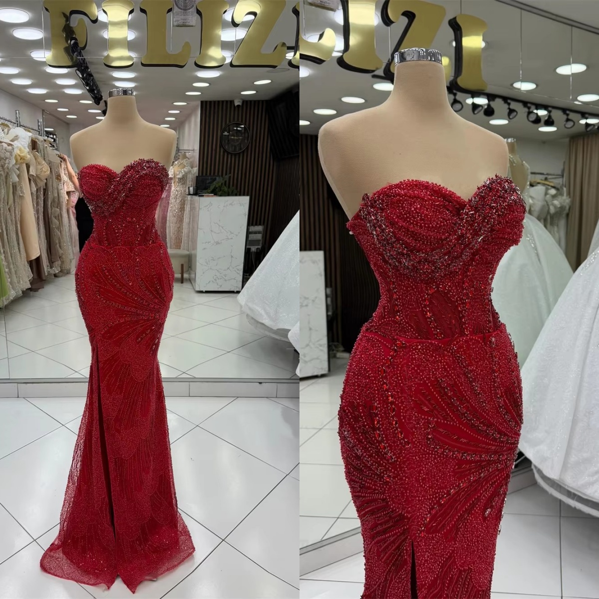 Classic Mermaid Evening Dresses For Women Sweetheart Neck Sleeveless Gown Sequins Beaded Sweep Train Dress Party Customized vestidos de novia - view 1