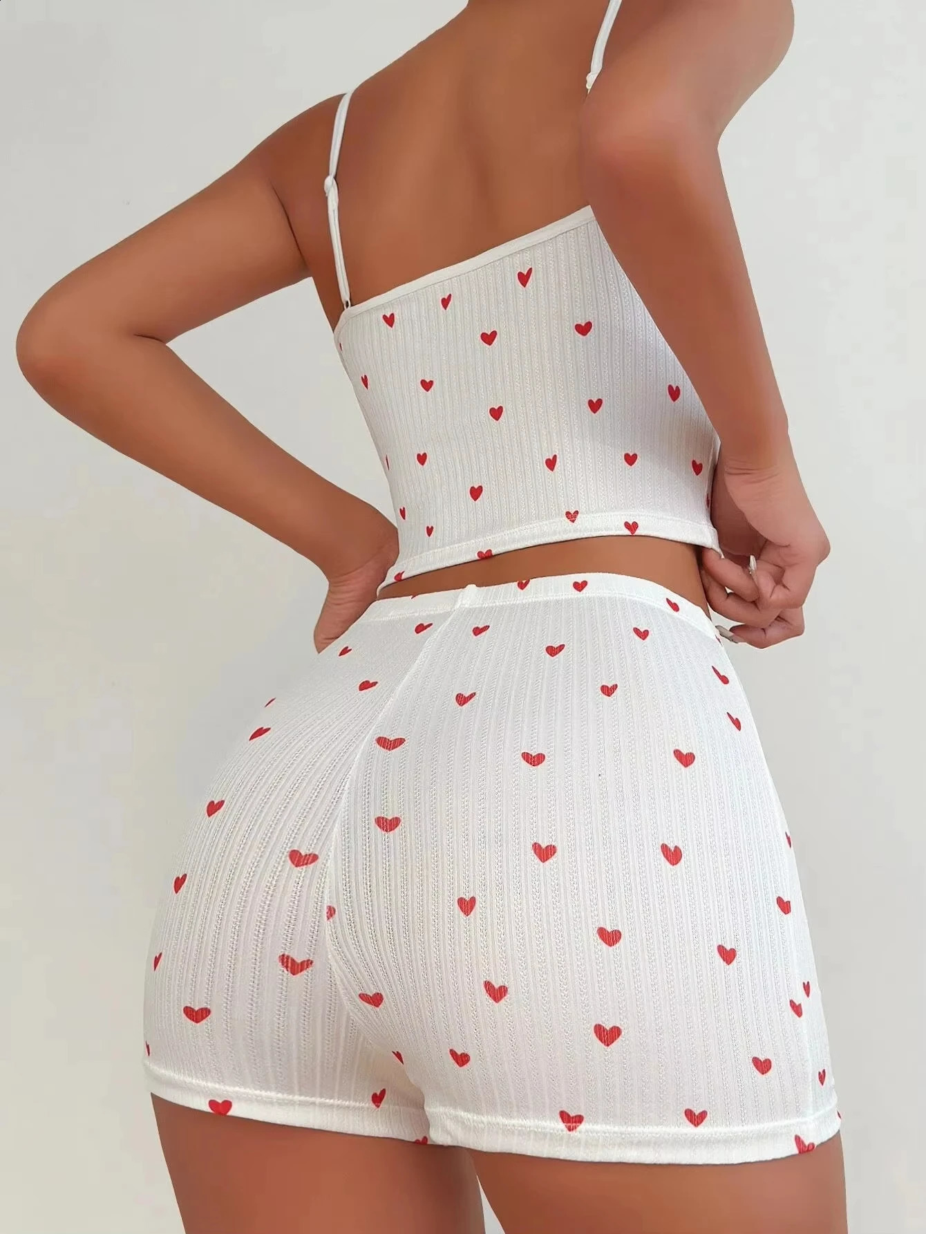 Spring Summer Sleepwear for Women Pajamas Heart Print Casual Backless Crop Cami Top High Waist Skinny Shorts Set Loungewear 260625 - view 3
