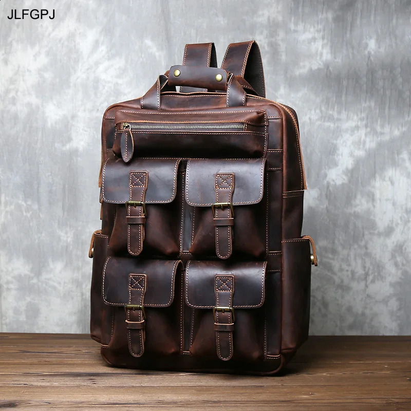 Retro Fashion Genuine Leather Mens Backpack Head Layer Large Capacity Multi Pocket Outdoor Minimalist Computer Bag 260625