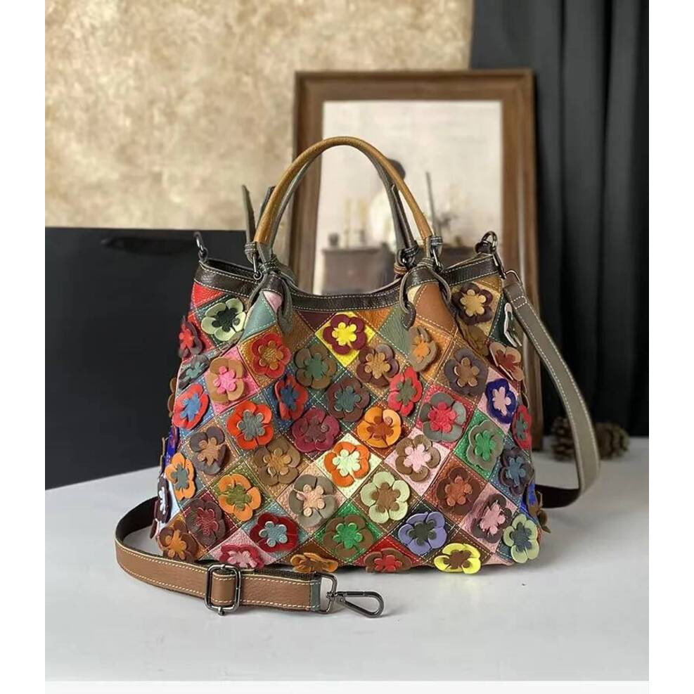 Genuine Leather Handmade Splicing Flower Crossbody Bags For Woman Random Scheme Cowhide Shell Bag Contrast Color Handbag