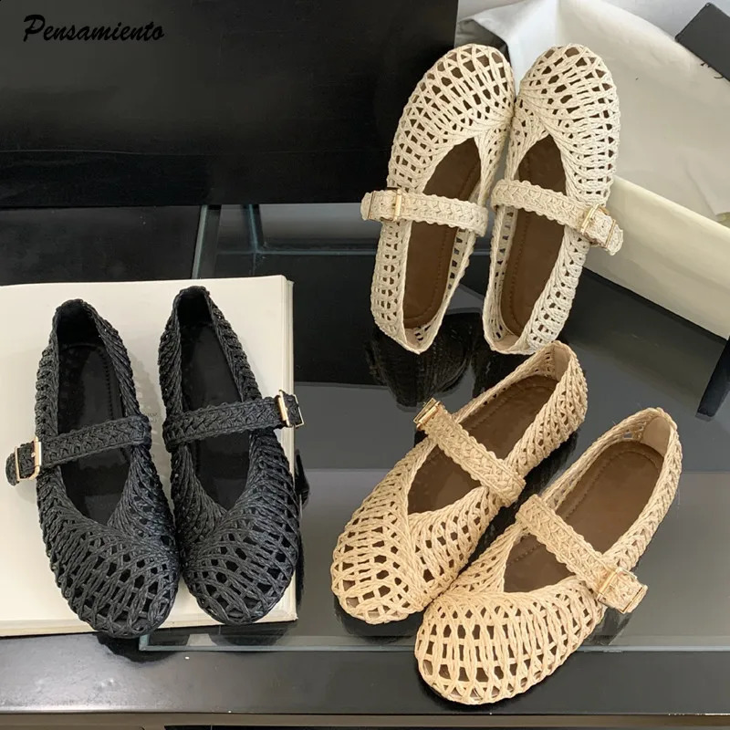 Summer Breathable Hollow out Weave Women Ballet Flats Fashion Mary Janes Soft Soles Walking Loafers Casual Girls Shoes 260626 - view 1