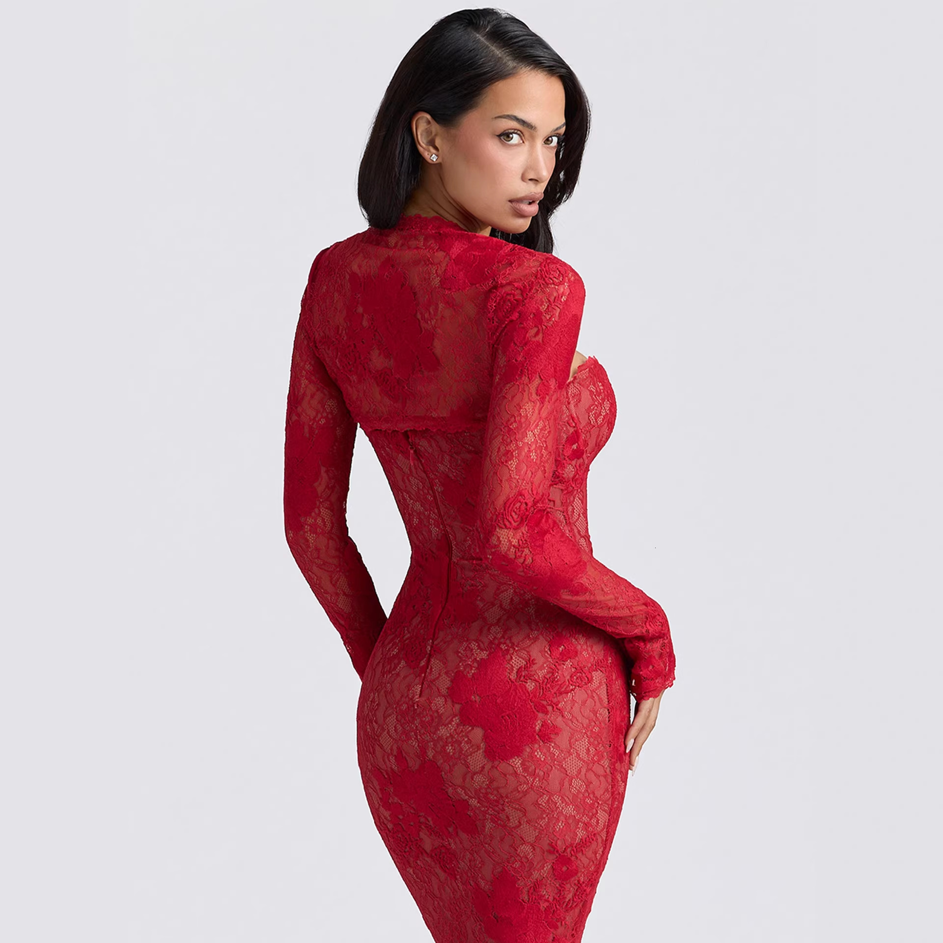 2026 Pure Desire Style Lace Tube Top Long Dress Long Sleeve Cover-Up Set Tube Top with Three-Dimensional Floral Lace Set - view 4