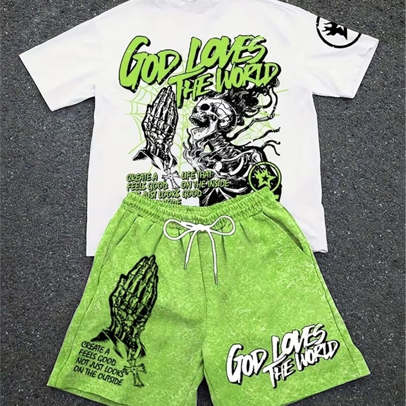 Spring And Summer American Trend 3D Printed Skull Mens Round-neck Top And Shorts Hip-hop Style Trendy And Cool 2pcs Set 260618CJ - view 1