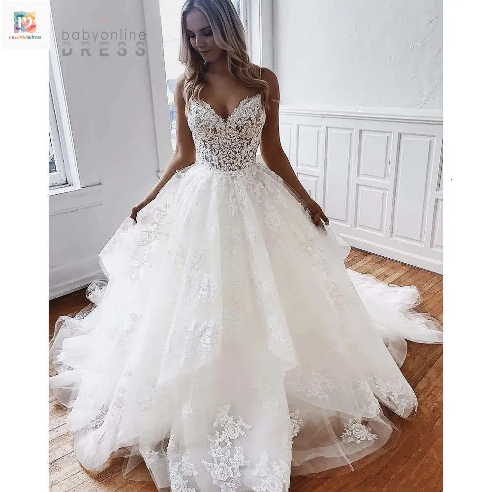Spaghetti Straps Beach Boho Wedding Dresses Sexy Backless A Line Long Tulle Bridal Gowns Court Train Lace Appliques Bride Dress Mb626 - view 1