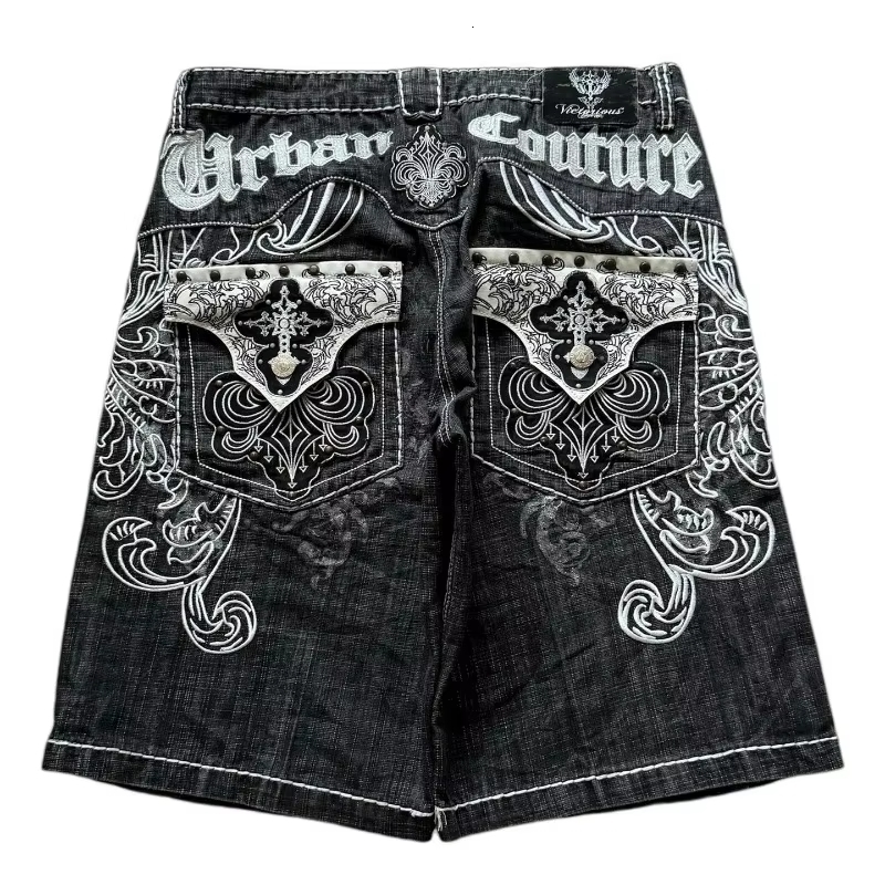 American Vintage Pattern Embroidery Baggy Denim Shorts Men Street Fashion Gothic Casual Joker Shorts Women Clothing 260616 - view 1