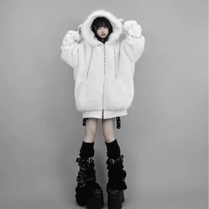 Harajuku Gothic Punk Dark Academia Clothes Fur Patchwork Hoodie Sweatshirts Autumn Winter Cardigan Coat Women 260626 - view 6