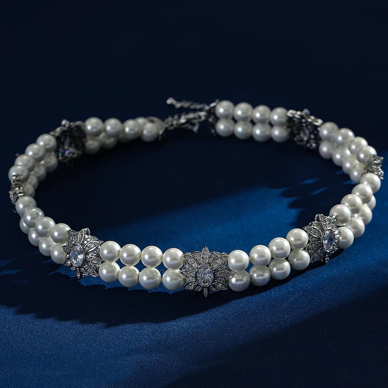 style fashionable retro necklace square flower double-layer pearl necklace bride collarbone chain 260617 - view 5