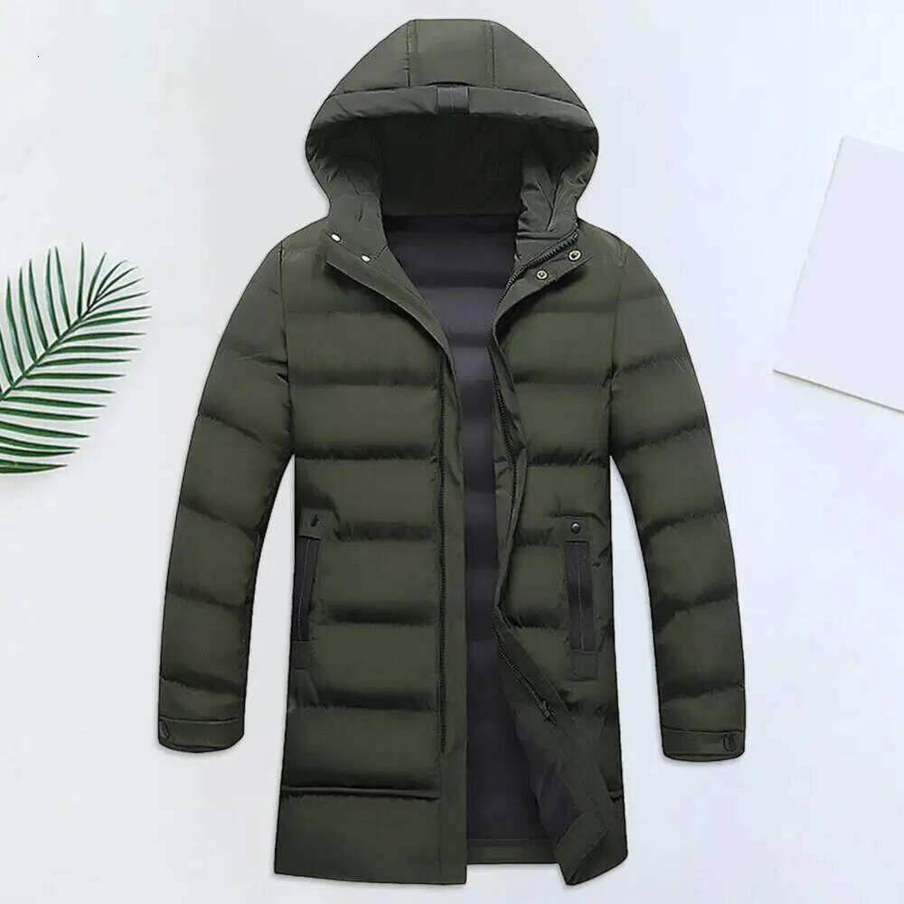 Zippered Men's Hooded Cotton Down Jacket with Long Sleeves Pockets Solid Color Thickened Casual Outwear for Winter W260626