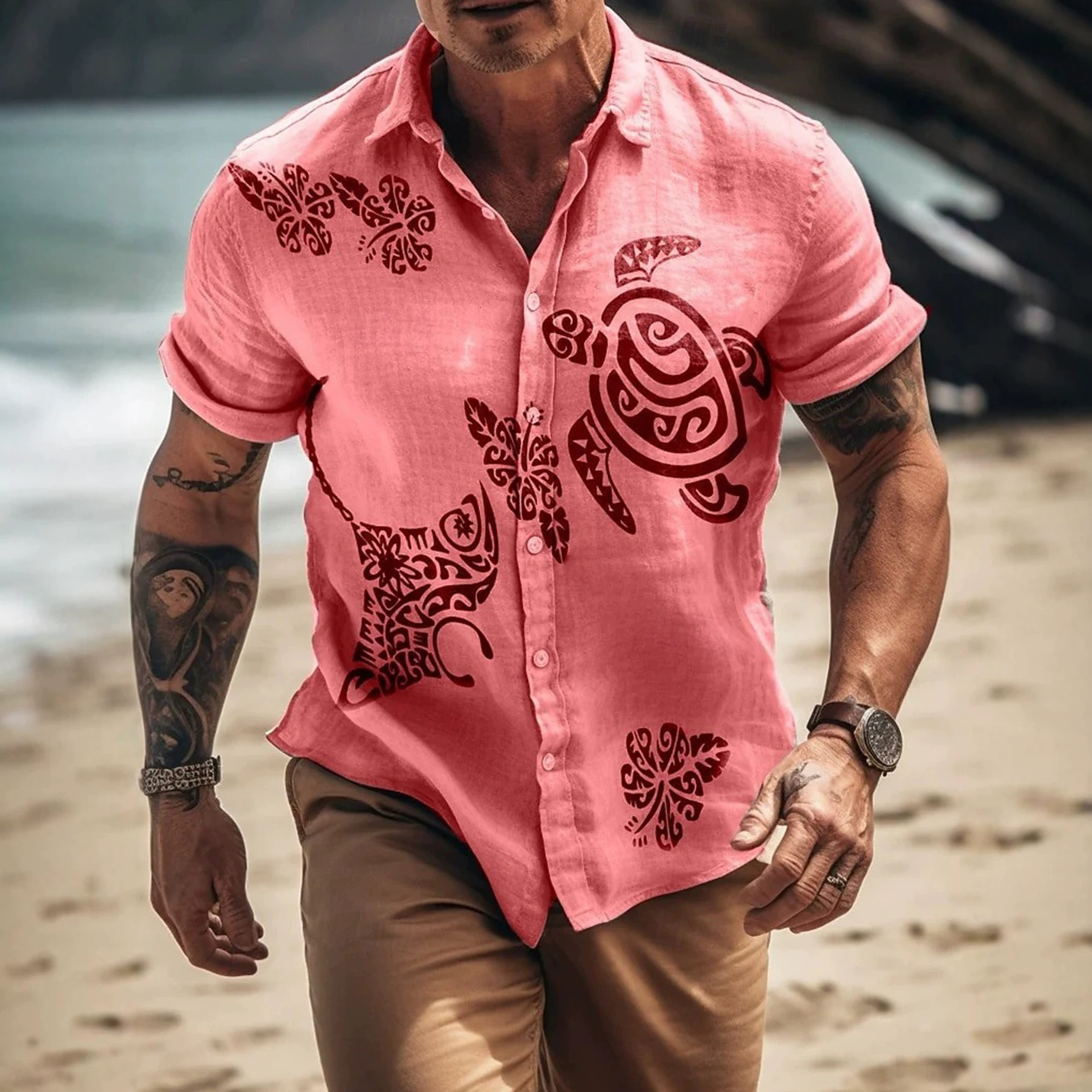 Pink Linen Polynesian Turtle Floral Print Collared Men's Beach Short-Sleeve Shirt In Stock