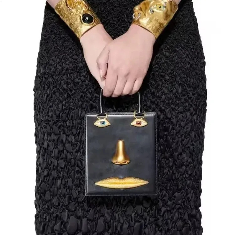 Face Bag Women High Quality Black Leather s Handbag Jewelry Eyes Gold-tone Metal Shoulder Strap Crossbody Bags 260625 - view 5