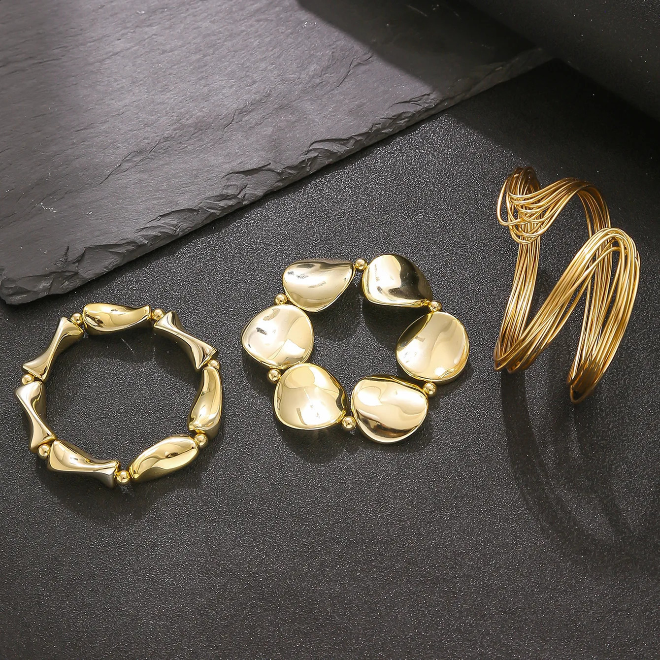 3 Pcsset Geometric Twisted Lines Irregular Shaped Open Cuff Bracelet and Bangle Set for Women Punk Exaggerated Style Accessor 260623 - view 7