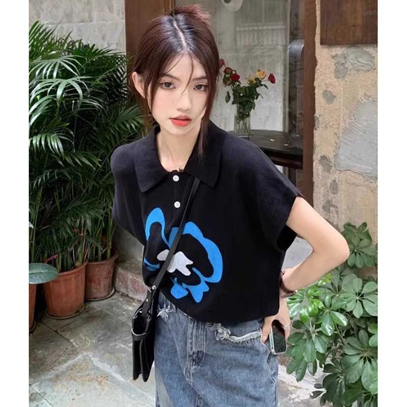 Women's Black Polo T-Shirt, Ladies Short-Sleeve Cotton-Blend Top with Flutter Sleeves, Enzyme-Washed Tie-Dye Graphic Print, Button Polo Collar for Cas - view 6