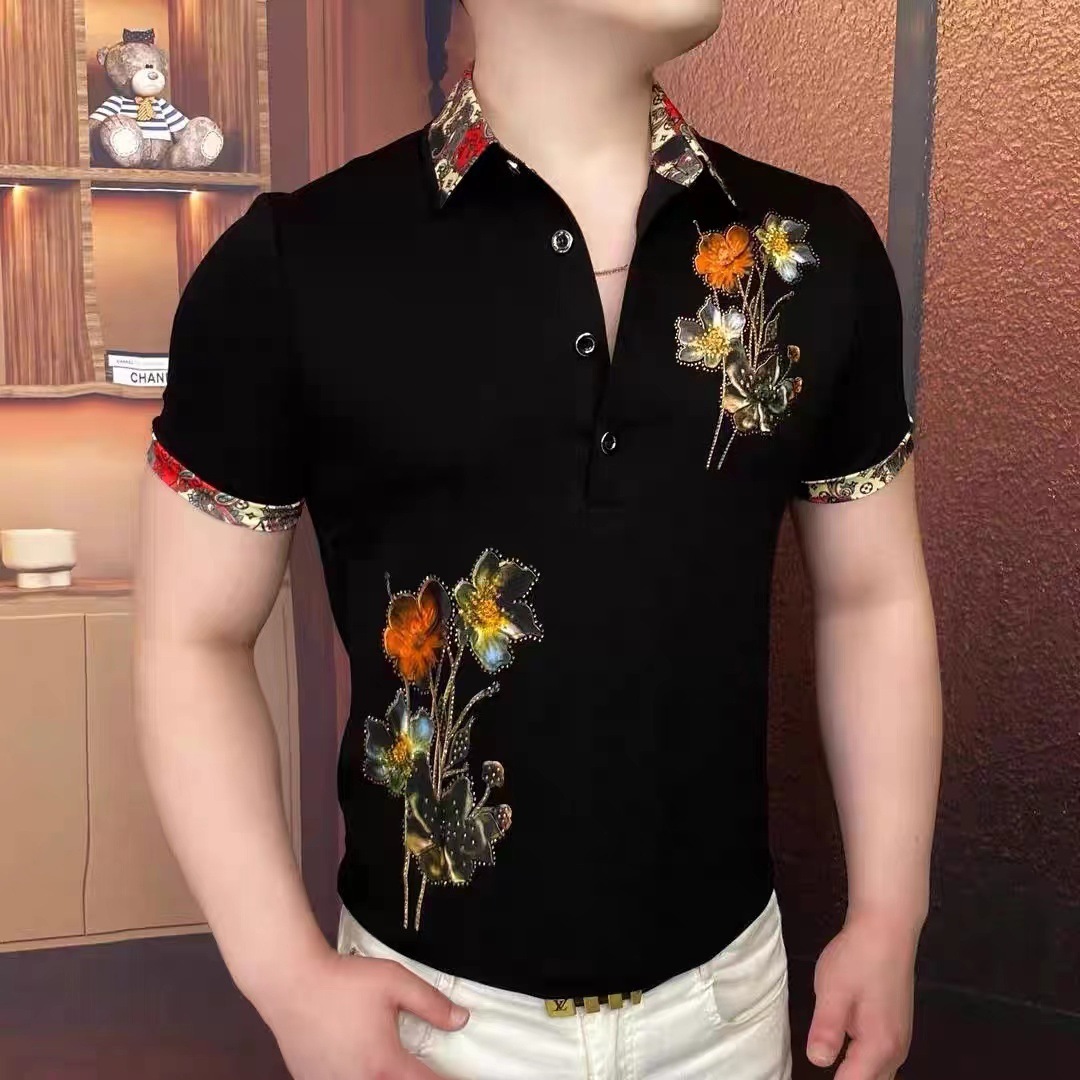 2026 Summer Black Short-Sleeve Polo Shirt For Men, Colorful Printed T-Shirt, Trendy Slim Fit, Personalized Casual Top