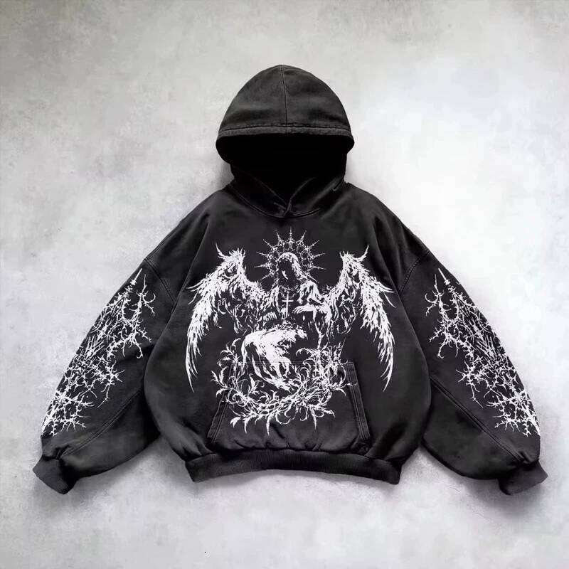 Retro Gothic Graphic Print Hip Hop Hoodie for Men Y2k Grunge Punk Casual Loose Pullover Women Streetwear Sweatshirt Hoodies W260626
