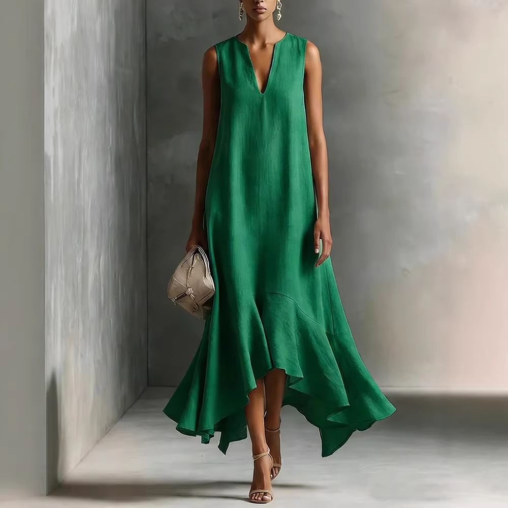 New European and American cross-border fashion deep V-neck sleeveless slim-fit dress with an asymmetrical hem - view 4