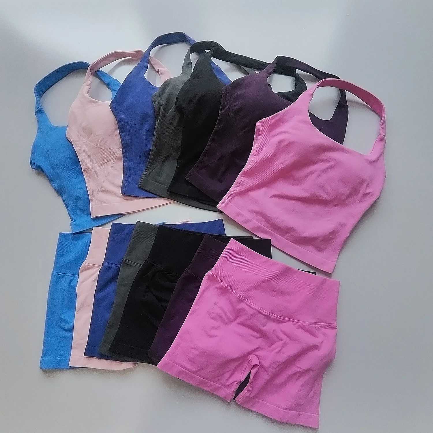 Set 2 Pieces Women Sports Backless Halter Tops High Waist Seamless High Stretch Bras Shorts Gym Suit Sportswear Workout Sets M260626 - view 4