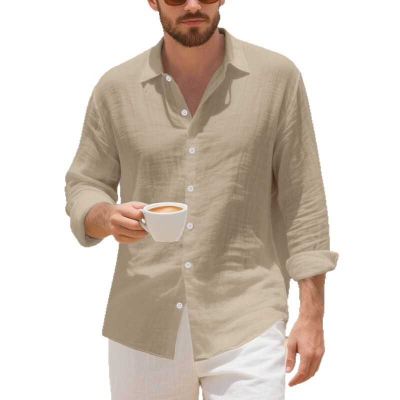 Spring and Autumn Linen Mens Long-Sleeve Shirt American Style Loose Button Hawaiian Casual Turn-Down Collar Shirt - view 6