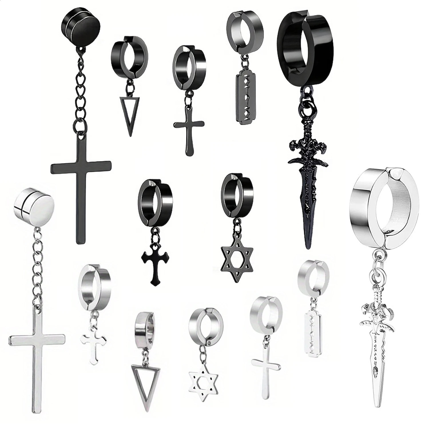 2pcs Fashionable Stainless Steel No Ear Holes Cross Clip NonPiercing Tassel Star Blade Earrings Jewelry for Men Women 260623 - view 1