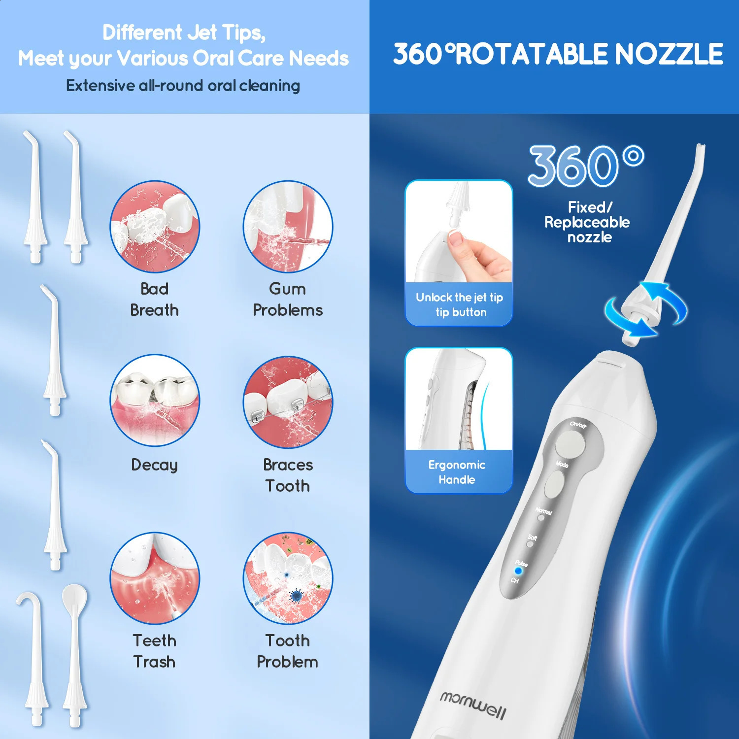 Mornwell Water Flosser Teeth Picks 6 Jets 3 Modes Portable Cordless D52 Floss For Cleaner IPX7 Waterproof Oral 260626 - view 4