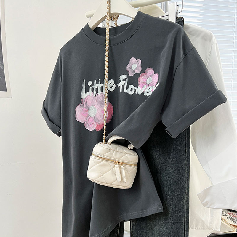 Gray Short Sleeve T Shirt With American Retro Floral Print Women S Summer Design Niche Style Loose Fit Top