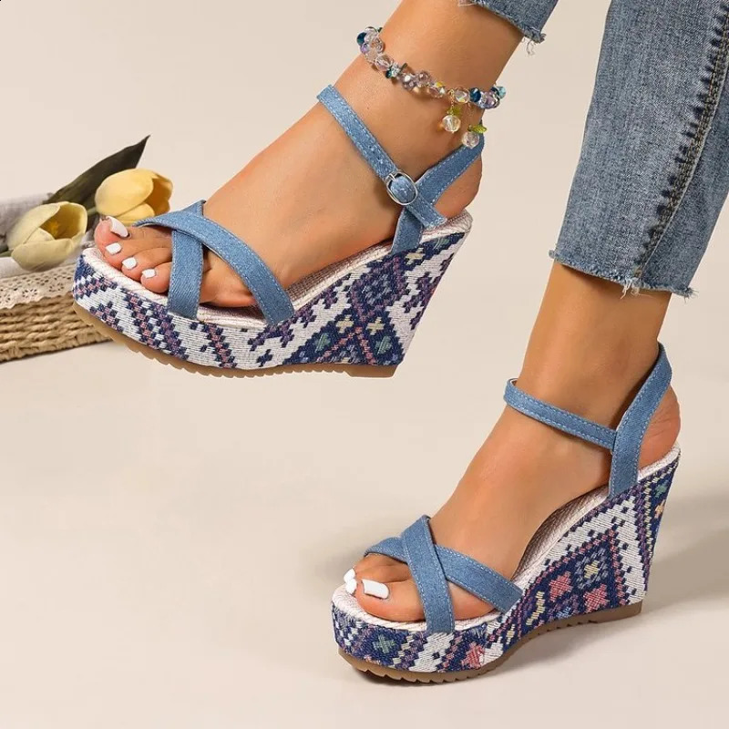 Womens Sandals Summer Denim Wedge Heel Super High Bohemian Shoes Beach 260626 - view 3