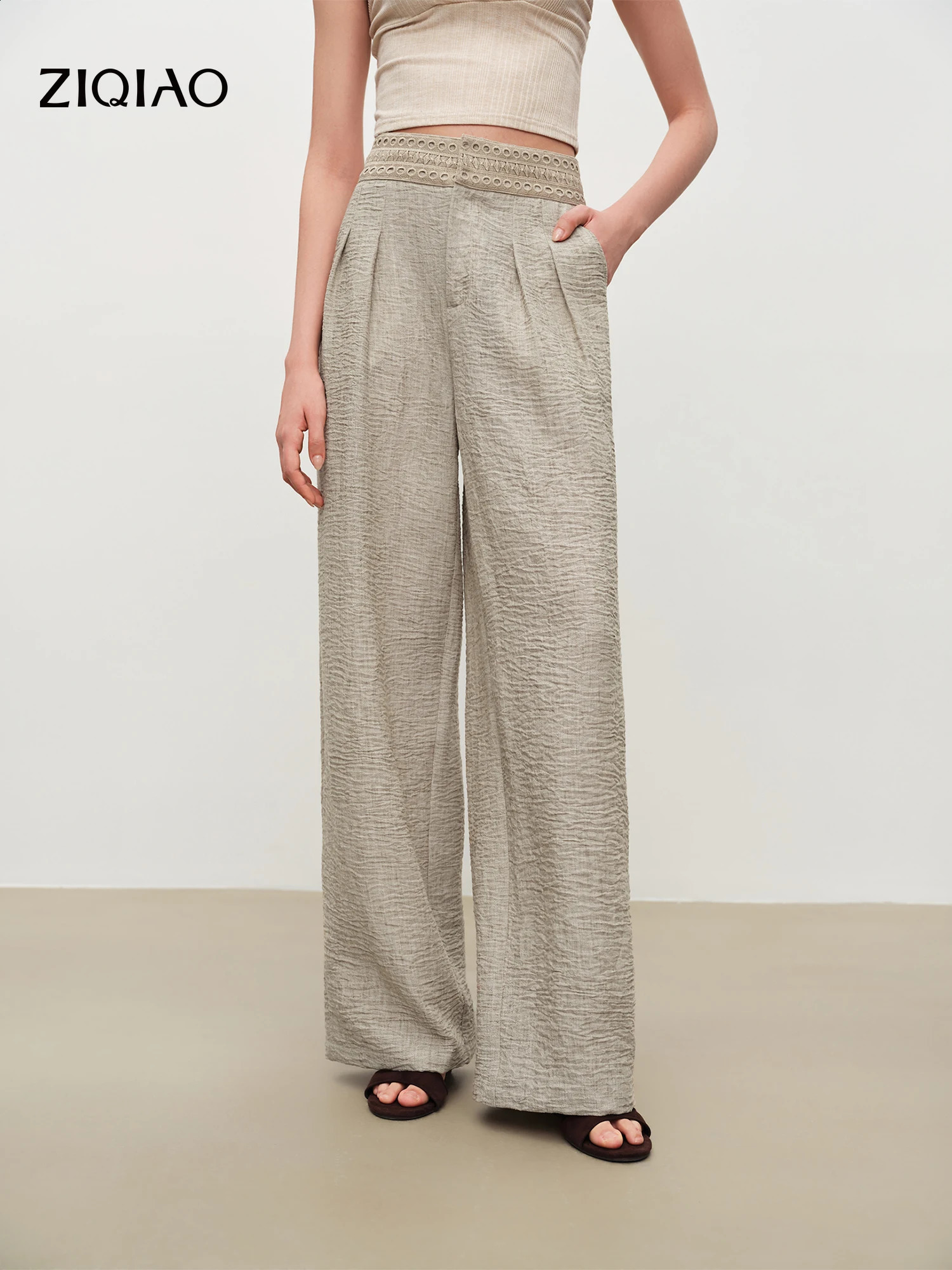 ZIQIAO Women Textured Casual Long Pants 2026 Summer Arrival High Waist Lace Trim Knitted Straight Trousers 260625