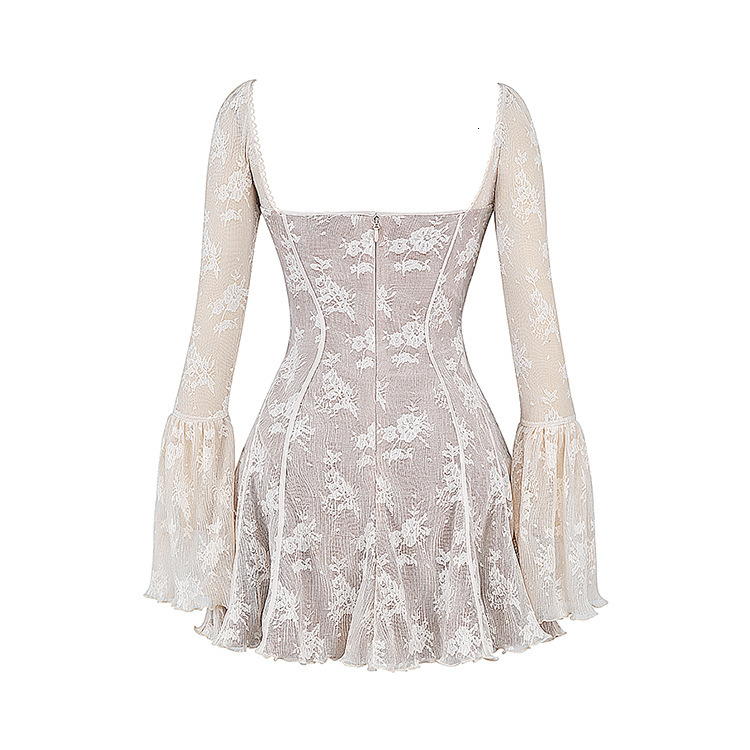 Womens 2026 Summer Dress New Style INS Elegant Lace Square Neck Slightly Flared Sleeves Waist-Cinching Bodycon Short Dress for Women - view 4