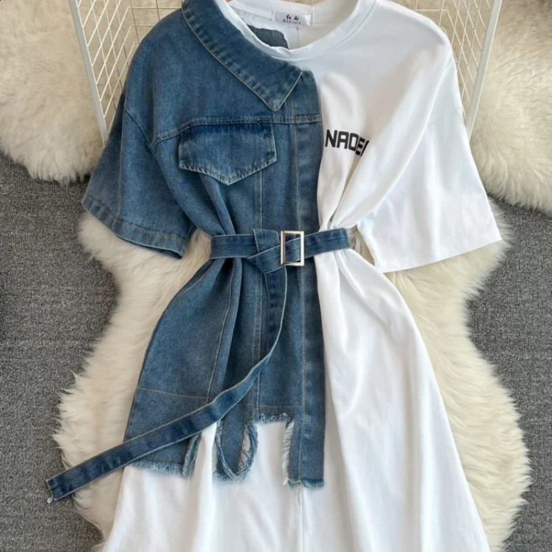 Harajuku Summer Womens Denim Patchwork Short Sleeve T-Shirts Tees O-neck Loose Contrast Color Jeans Tees Belted Jumpers Tops 260626 - view 3